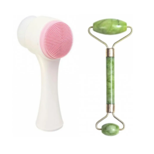 Kit Escova de Limpeza e Rolo Massageador Facial Pedra Jade