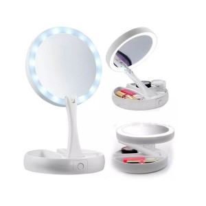 Espelho Led Maquiagem Portátil Dobrável Duplo Aumenta 10x